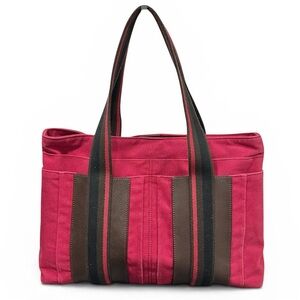Hermes Troca Horizontal MM Berry Red Cotton & Brown Leather Tote Bag